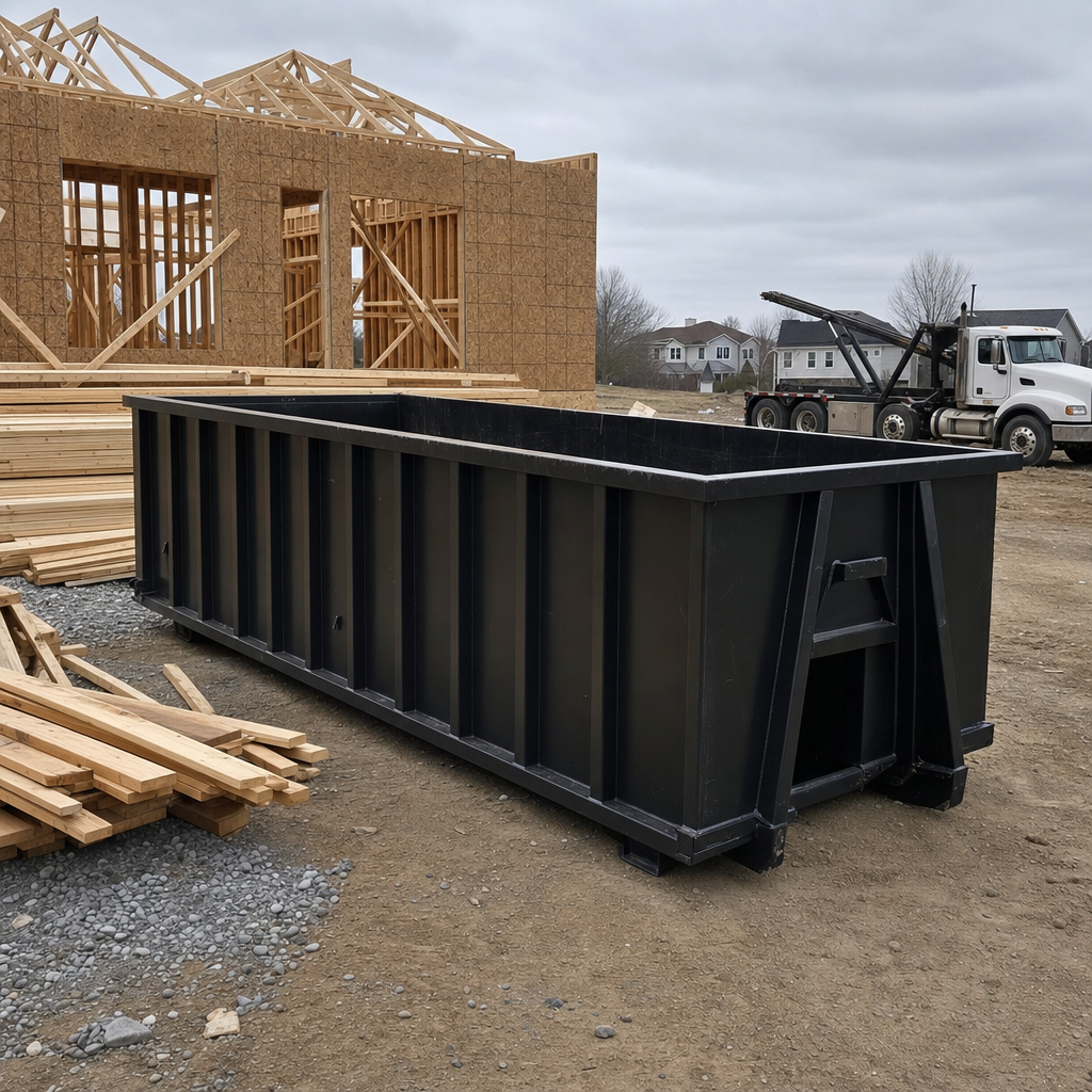 Matte-black 40-yard roll-off dumpster staged on a framed-out residential construction site in Hampton, framing lumber stacked nearby, hooklift delivery truck visible in the background under bright Colorado daylight