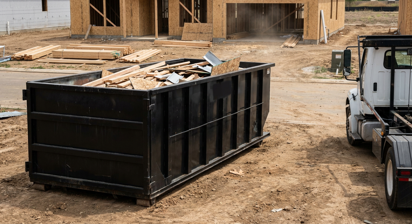 Matte-black 20-yard roll-off construction dumpster with heavy ribbed steel sidewalls and swing rear doors at a working jobsite in Hampton, sitting directly on compacted dirt with an unmarked white hauler partially visible at the far edge of the frame.