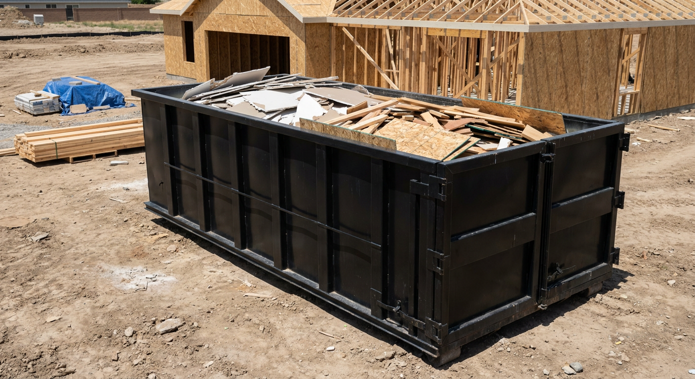 Matte-black 30-yard roll-off construction dumpster sitting directly on the compacted-dirt site of a framed single-family home build in Hampton, drywall and lumber scrap loaded inside.