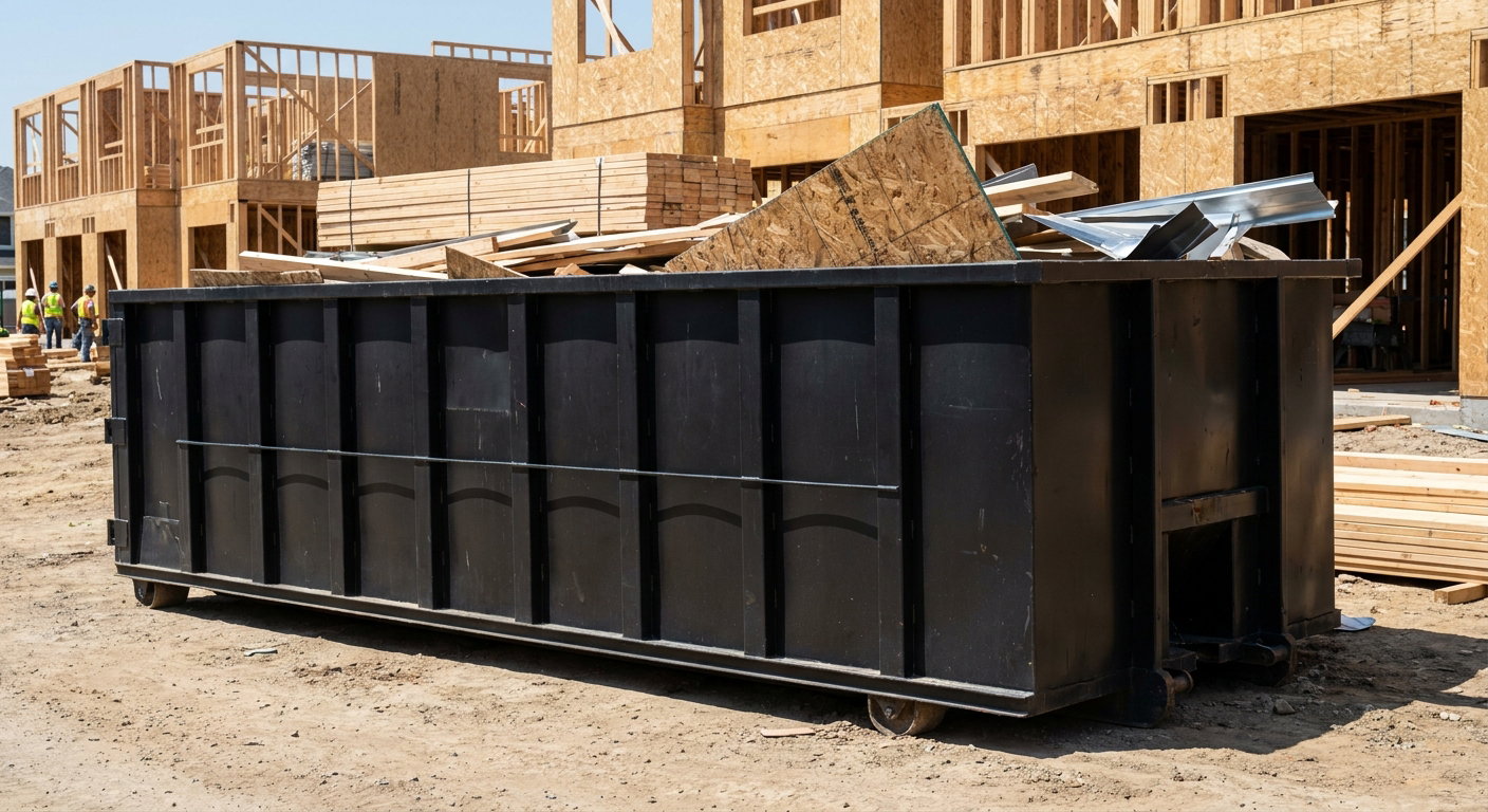 Matte-black 40-yard roll-off construction dumpster being lowered from a white-cab hooklift delivery truck onto the compacted-dirt jobsite at a commercial build site in Hampton