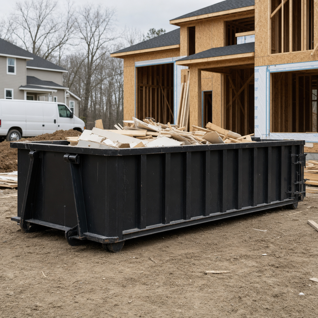 Worker in a yellow high-visibility vest tossing framing lumber and broken drywall into a matte-black 30-yard construction roll-off dumpster on an active build site in Hampton, bright daylight