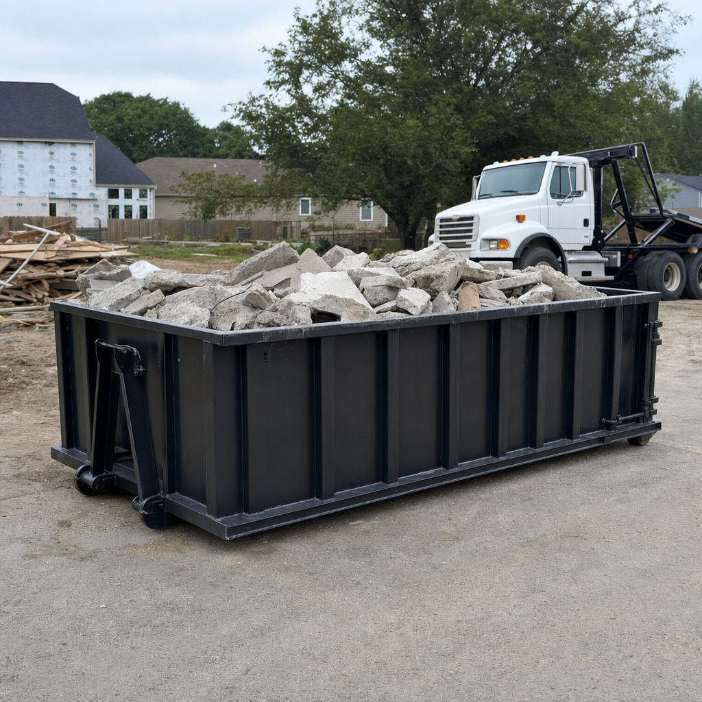 Low-profile matte-black lowboy roll-off dumpster loaded with broken concrete slab and rebar at a foundation tear-out in Hampton, skid steer parked beside it, sunny Colorado morning
