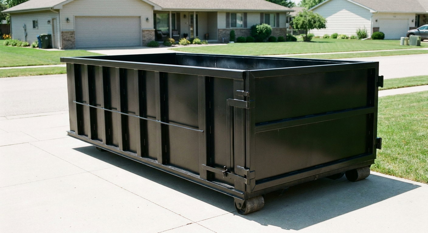 Matte-black 10-yard roll-off dumpster on a residential concrete driveway in Hampton, uniformly painted matte black across every panel and rail, ribbed steel sidewalls and rear swing door visible, mid-day daylight.