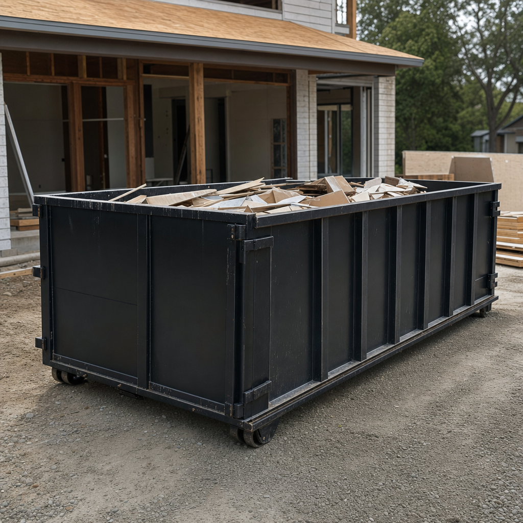 Large matte-black 30-yard construction roll-off dumpster at an active Hampton jobsite, steel-gray top rails and bottom rollers visible, loaded with construction debris.