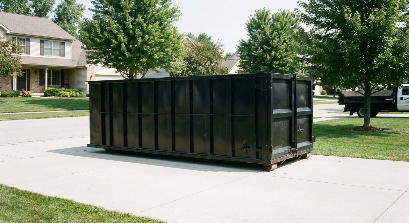 Matte-black 20-yard roll-off dumpster sitting level on a clean Hampton residential concrete driveway under bright daylight, demonstrating clean placement directly on the concrete.