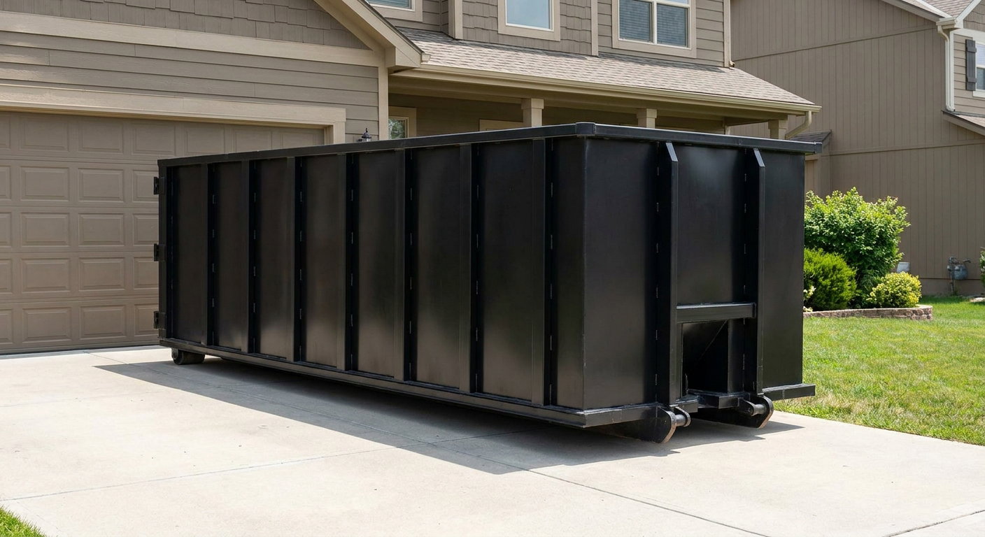 Matte-black residential roll-off dumpster sitting directly on a suburban Hampton concrete driveway, garage door closed, single-family home in background, bright morning daylight.