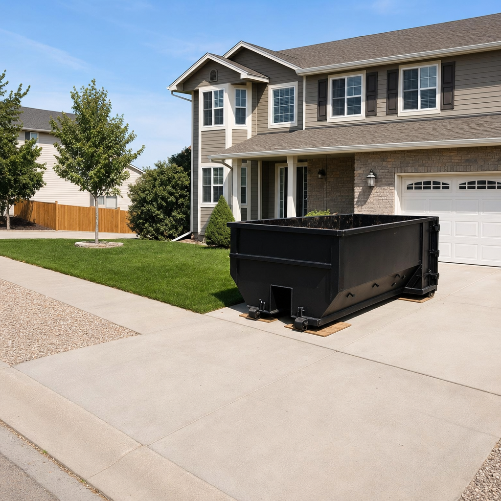 10-yard matte-black residential dumpster placed directly on a narrow Hampton concrete driveway, room remains for a parked sedan beside it, mid-morning natural light