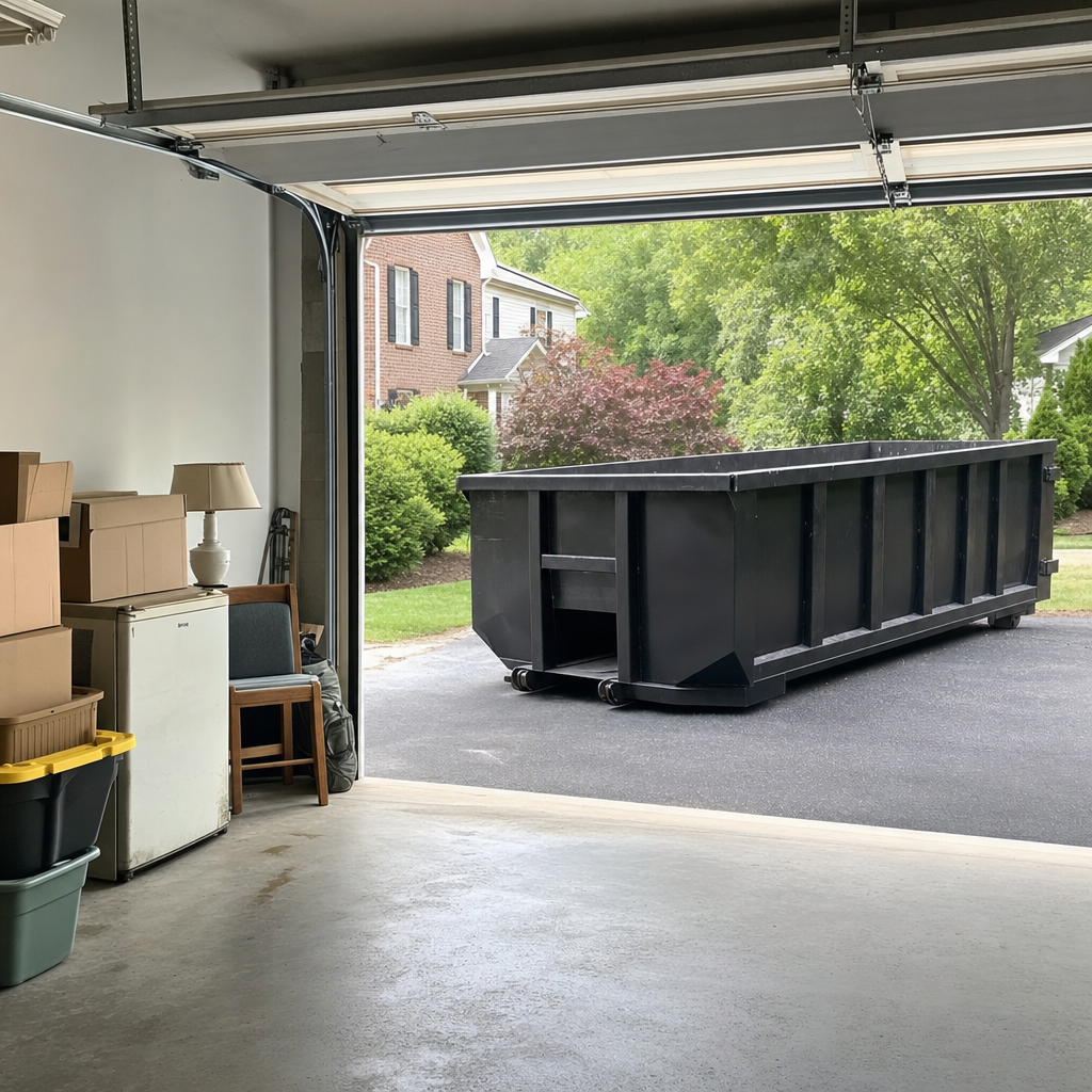 Open garage interior in a Hampton home mid-cleanout — boxed items, an old appliance, and stacked yard tools queued near the driveway for a matte-black roll-off dumpster, organized and calm