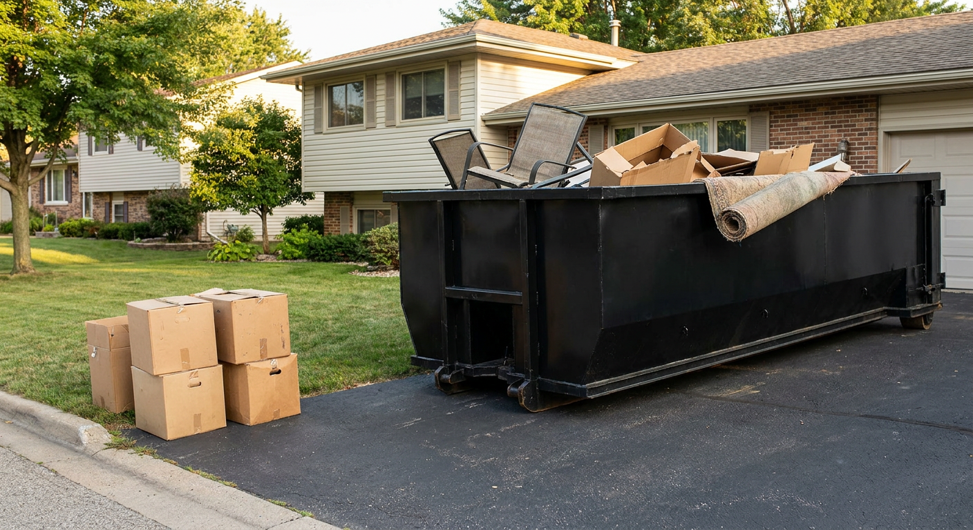 Front-yard view of a Hampton split-level home with a 20-yard matte-black roll-off dumpster sitting directly on the asphalt driveway, a few clearly labeled donation boxes staged at the curb, calm sunny afternoon.