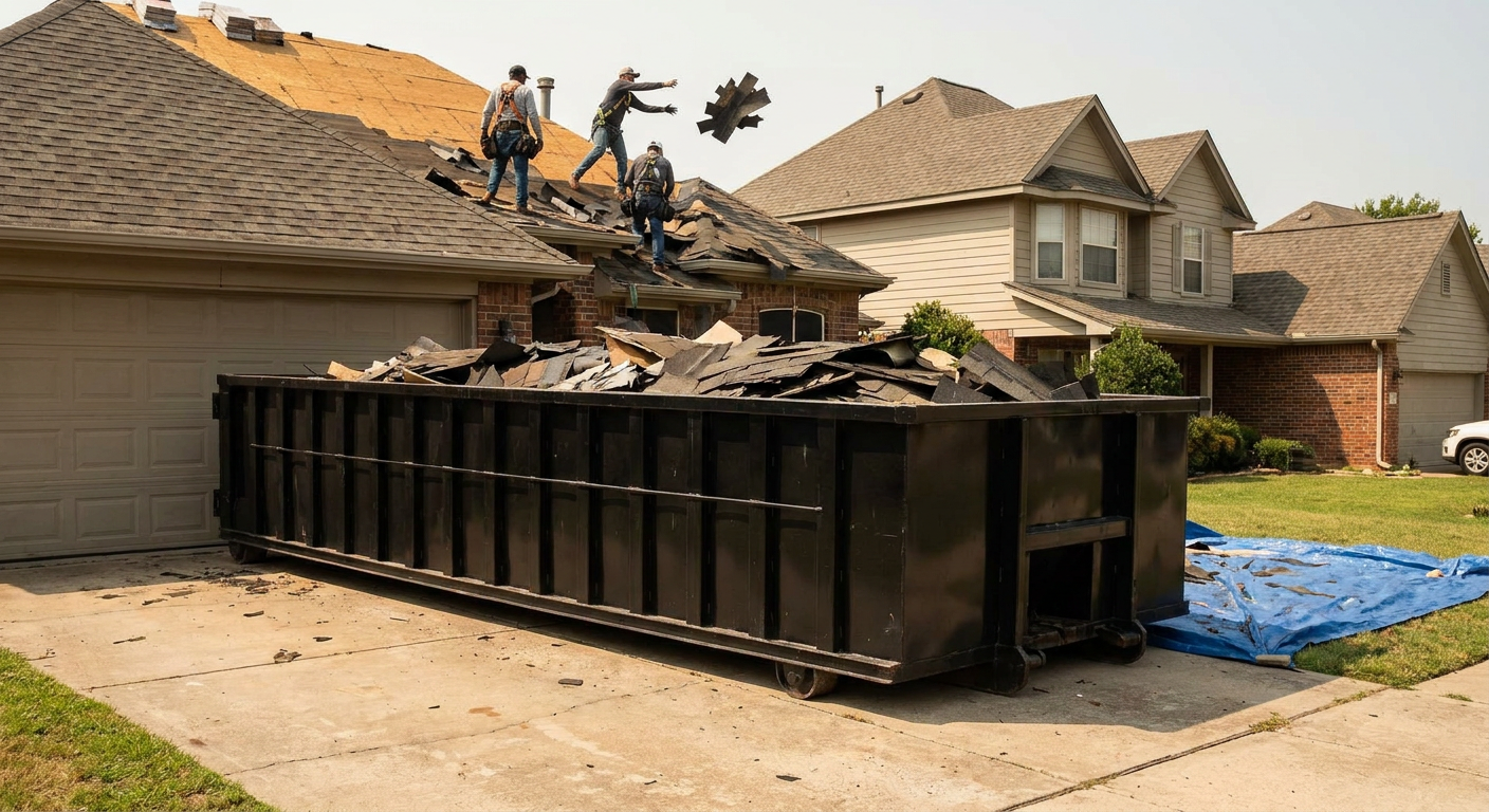 Matte-black roofing roll-off dumpster placed directly on a Hampton residential concrete driveway, a tear-off crew on a two-story asphalt-shingle roof tossing shingle bundles into the low-walled container, bright daylight, documentary 35mm perspective.