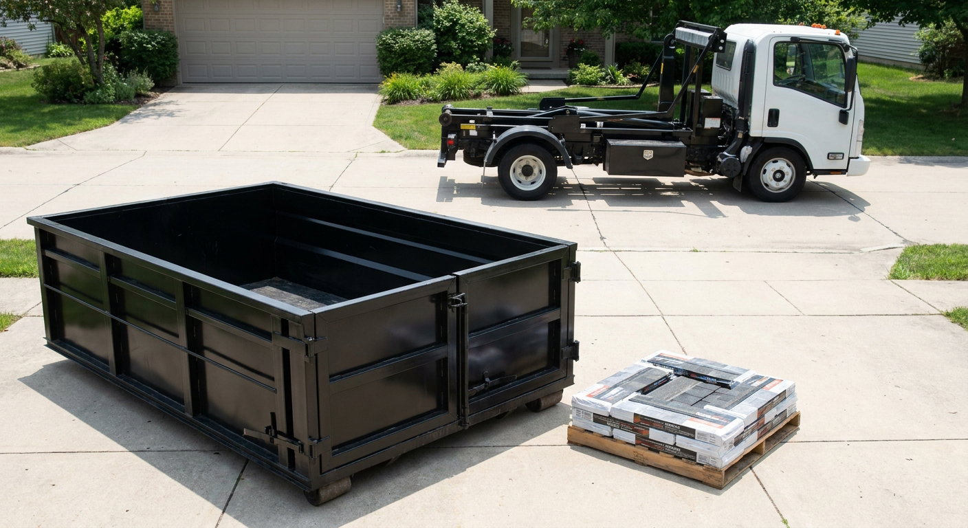 Matte-black 15-yard roofing roll-off dumpster with reinforced low side walls sitting directly on a Hampton residential concrete driveway, three-tab asphalt shingle bundles stacked nearby, an unmarked white hauler truck partially visible at the edge of the frame.