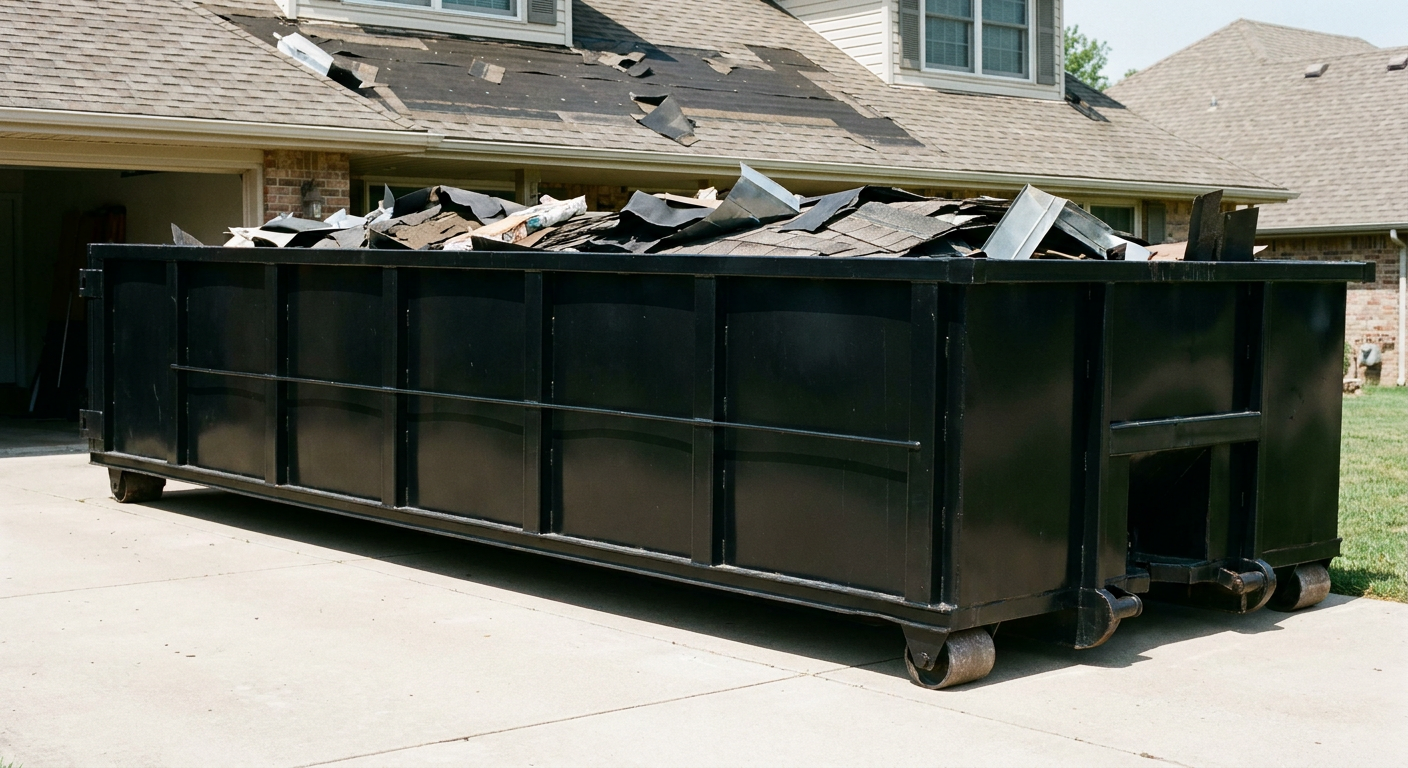 Matte-black 20-yard roofing roll-off dumpster with steel ribbed sides and swinging rear door, sitting directly on the concrete driveway of a two-story Hampton home, asphalt shingle debris being loaded over the low wall, clean documentary lighting.