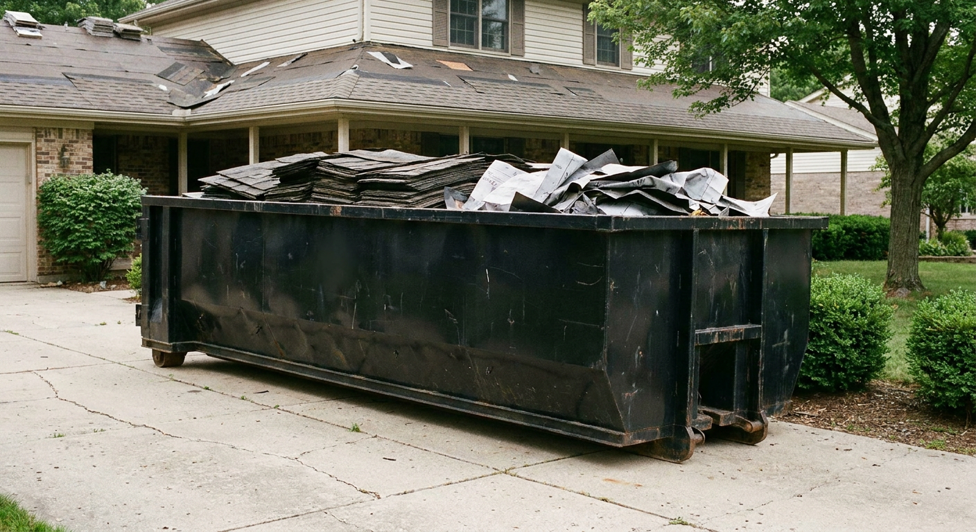 Matte-black 30-yard roofing roll-off dumpster sitting directly on a Hampton concrete driveway, taller ribbed steel side panels, mixed tear-off debris of asphalt shingles and underlayment inside, professional documentary daylight.