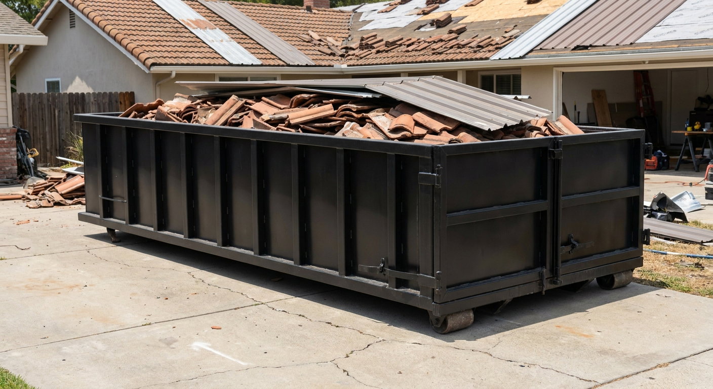 Matte-black low-wall heavy-debris roofing roll-off dumpster sitting directly on a Hampton concrete driveway, broken concrete clay roof tiles and metal panel sections loaded inside, reinforced ribbed steel side walls visible, bright outdoor daylight.