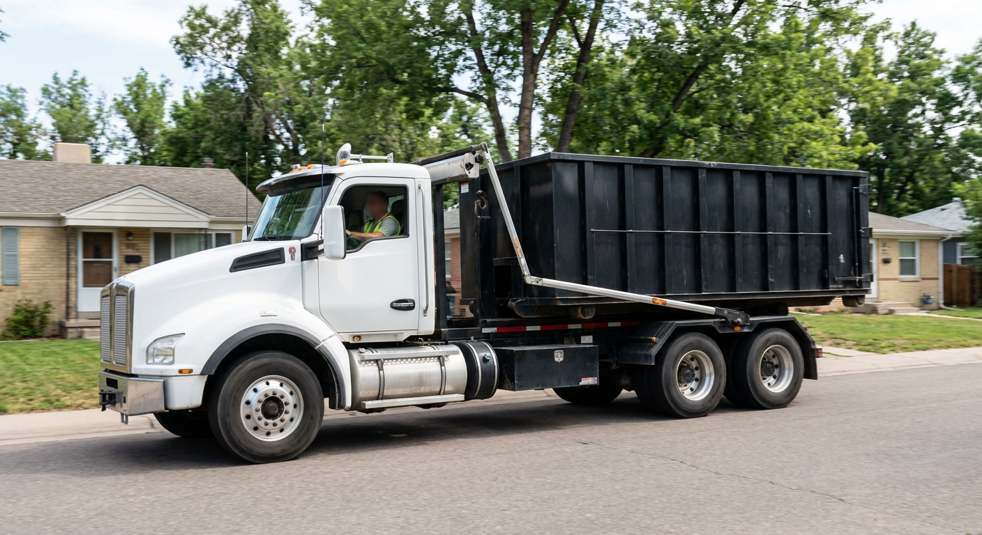 A wide documentary shot of a matte-black roll-off delivery truck pulling onto a quiet Hampton residential street at mid-morning, with neighborhood rooftops and tree-lined blocks visible behind, showing the metro coverage footprint.