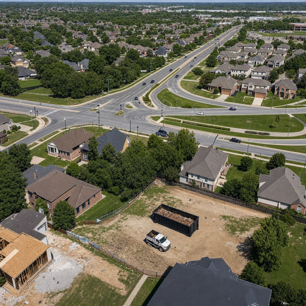 An overhead documentary view of the Hampton metro area at midday, showing the spread of neighborhoods, arterial roads, and the dispatch radius from a central yard — clean daylight, organized geographic layout.