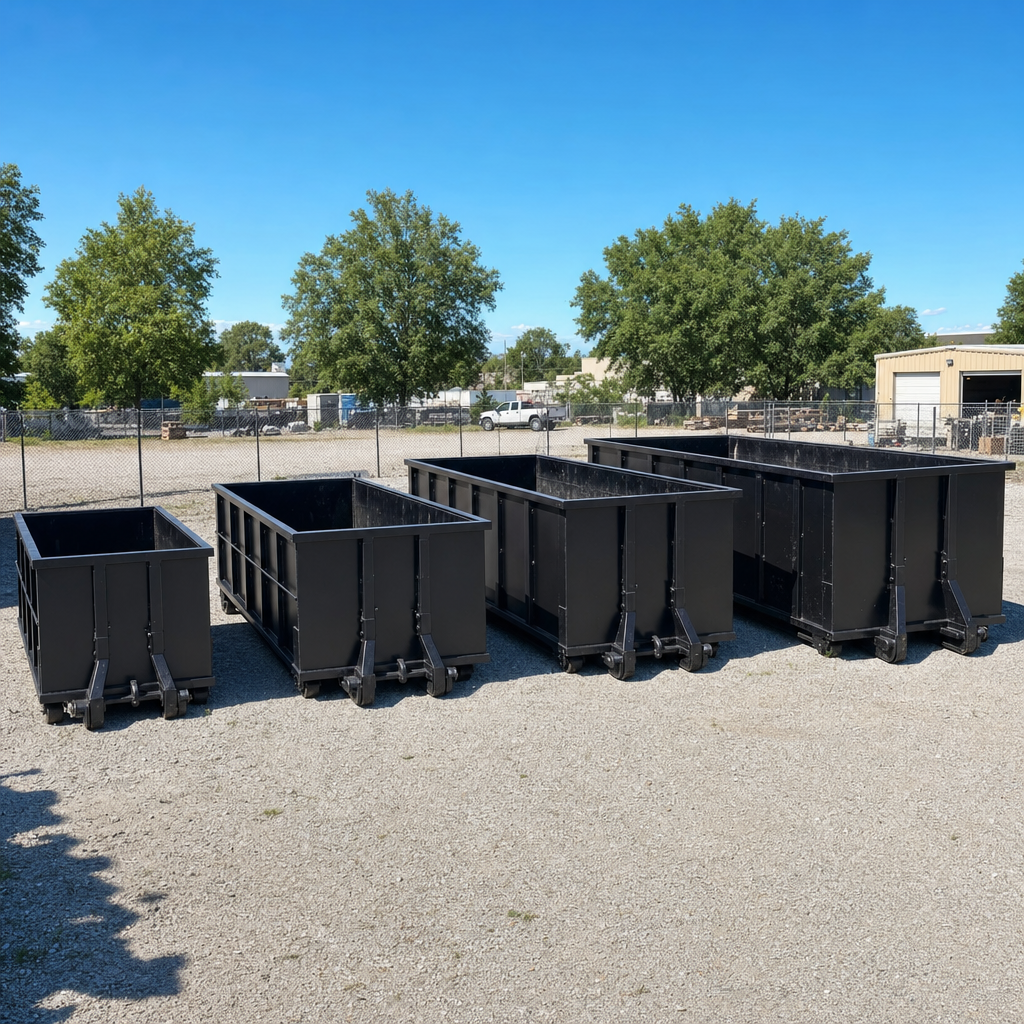 A clean lineup of matte-black roll-off dumpsters in 10, 20, 30, and 40-yard sizes staged on a sunlit gravel yard in Hampton, showing the size progression from compact to commercial-scale containers.