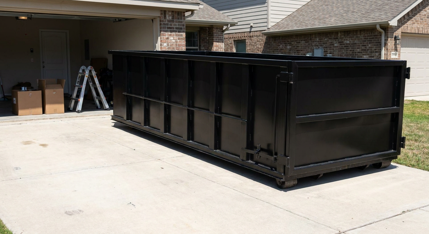 A matte-black 10-yard roll-off dumpster sitting directly on a residential Hampton concrete driveway, mid-day sunlight, clean and ready for a garage cleanout.