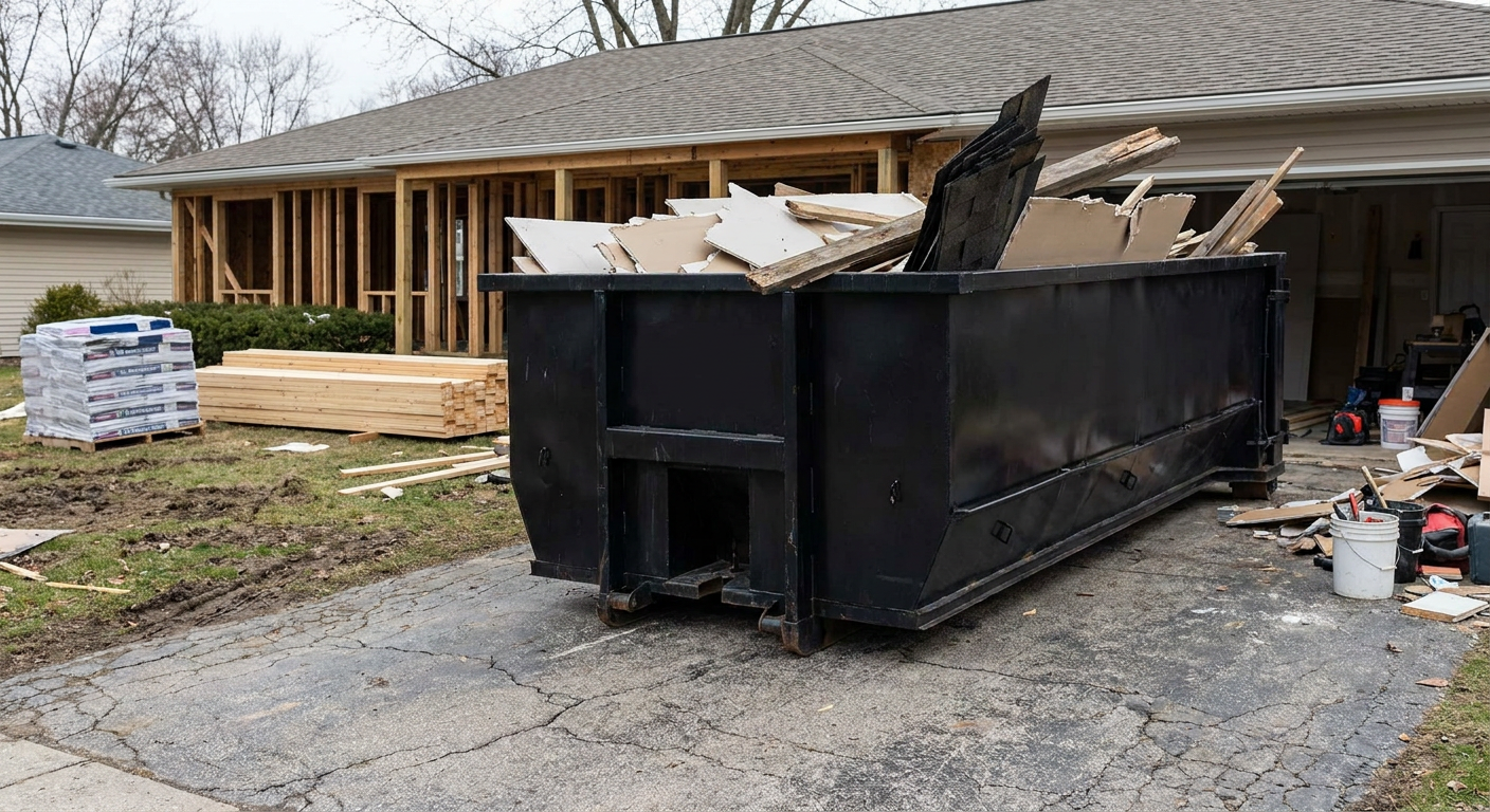 A matte-black 20-yard roll-off dumpster placed alongside a mid-renovation Hampton home directly on the asphalt driveway, with framing materials and torn-off shingles staged neatly nearby.