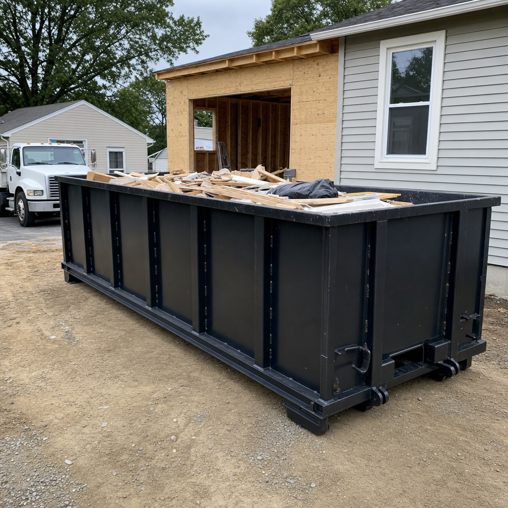 A matte-black 30-yard roll-off dumpster positioned at a Hampton residential addition jobsite, with framing lumber and drywall scraps loaded through the open swinging rear doors.