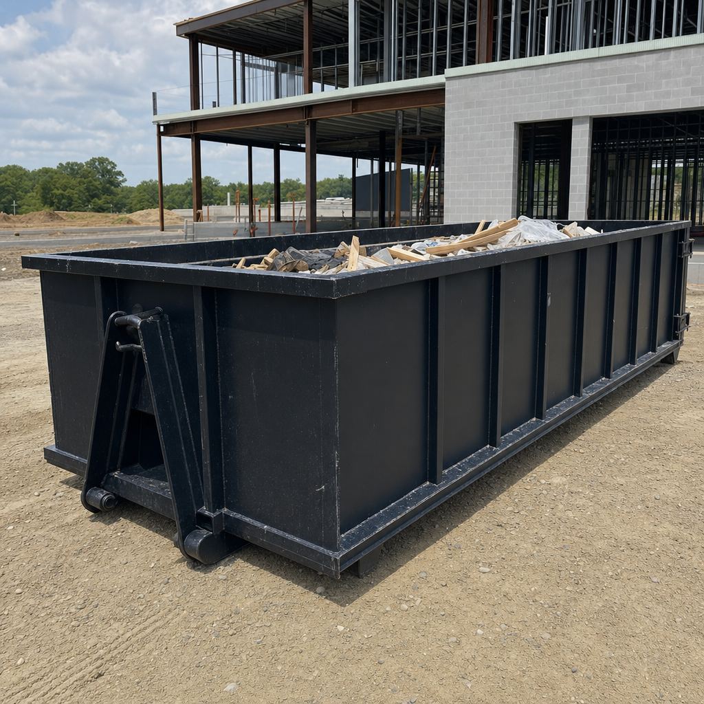 A matte-black 40-yard roll-off dumpster staged on a large Hampton commercial construction lot, with a hooklift delivery truck parked alongside under bright midday sky.