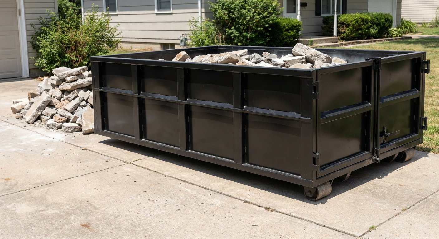 A matte-black low-side heavy-debris roll-off dumpster placed directly on a Hampton concrete driveway, with broken concrete chunks neatly stacked beside it under clean daylight.